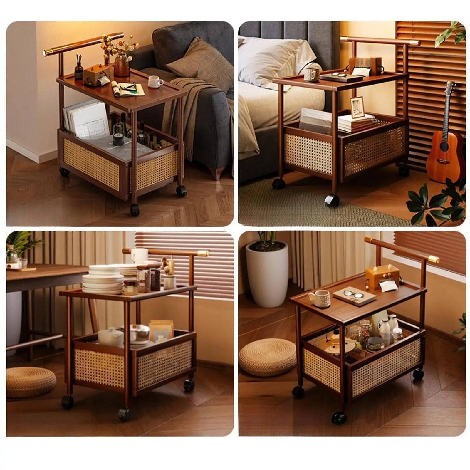 Movable Retro Trolley Sofa Side Several Living Room Home Coffee Table Side Cabinet Bedroom Bedside Bed Rattan Shelf Sofa Side