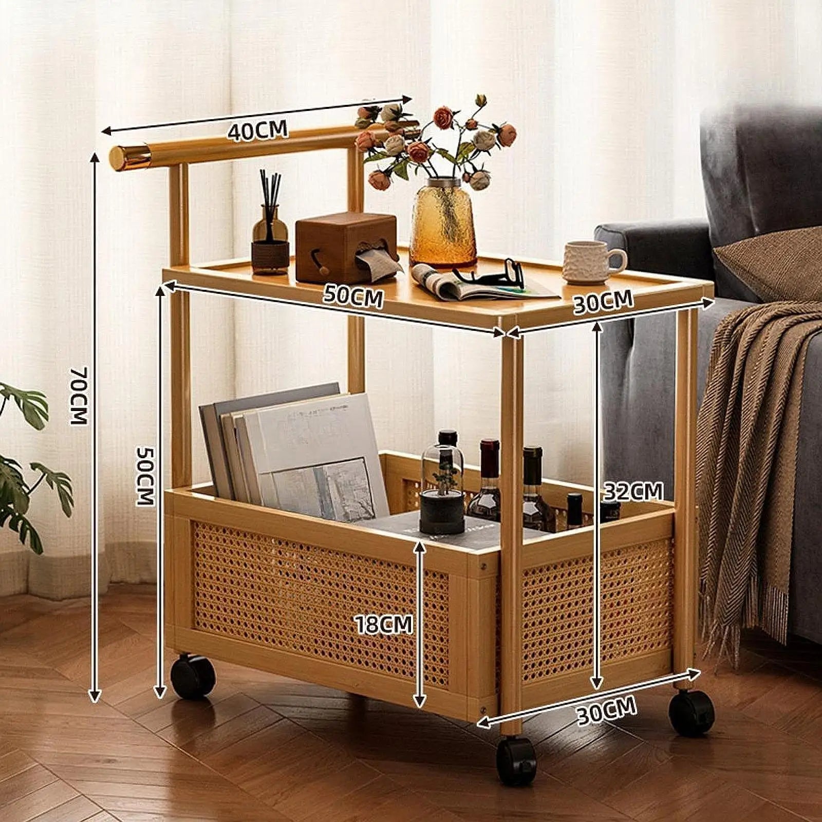 Movable Retro Trolley Sofa Side Several Living Room Home Coffee Table Side Cabinet Bedroom Bedside Bed Rattan Shelf Sofa Side