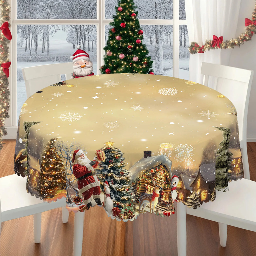 1 Piece of Christmas-Themed Gold-Printed Tablecloth, Vintage Style