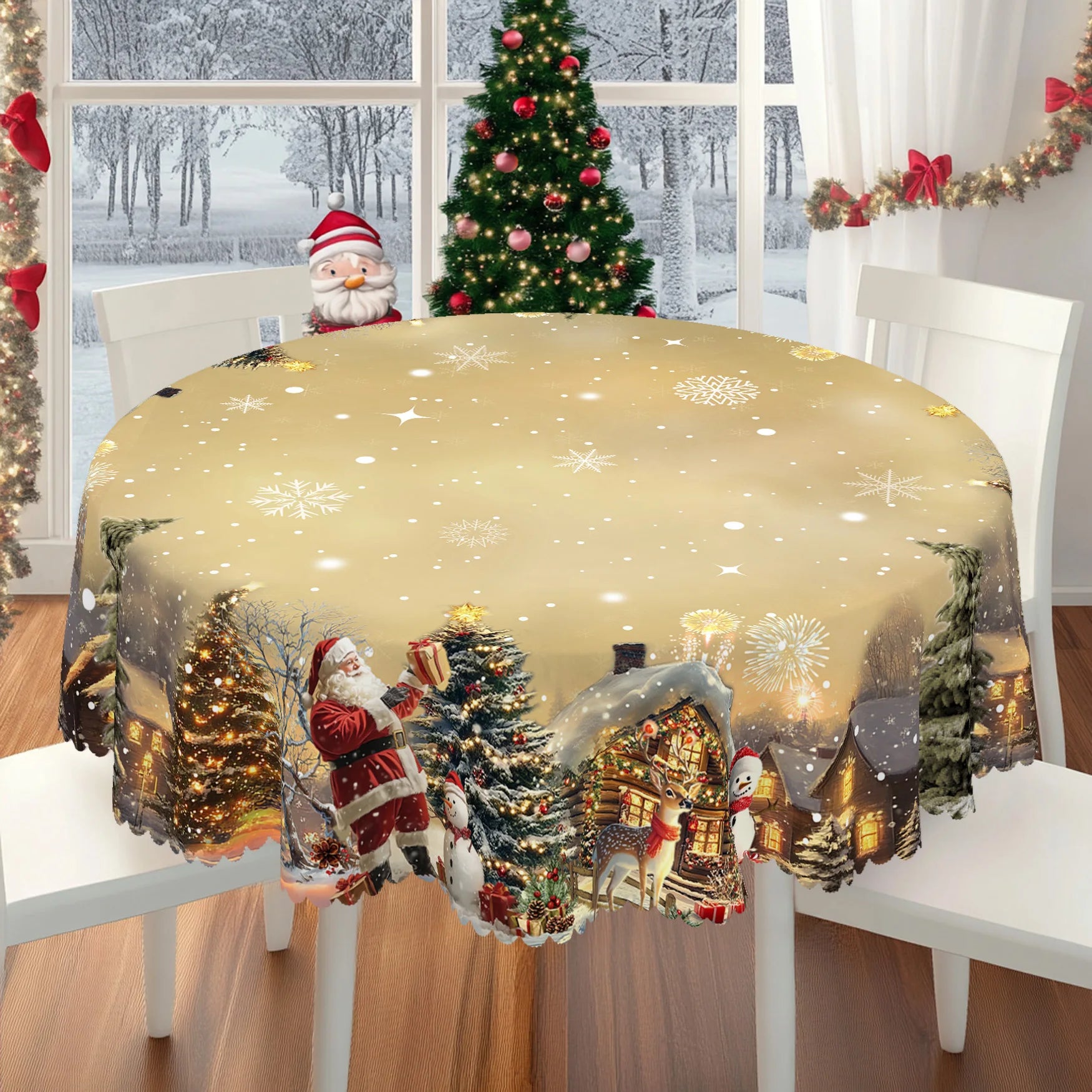 1 Piece of Christmas-Themed Gold-Printed Tablecloth, Vintage Style