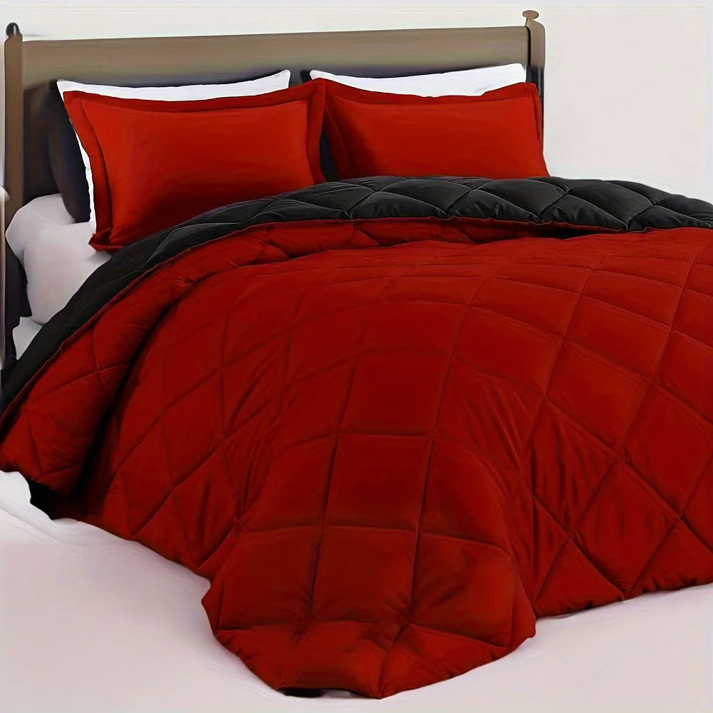 WQSPRING 3pcs Reversible Comforter Set All Season Bedding Set Comforter Pillow Shams Red Black Down Alternative Duvet Insert