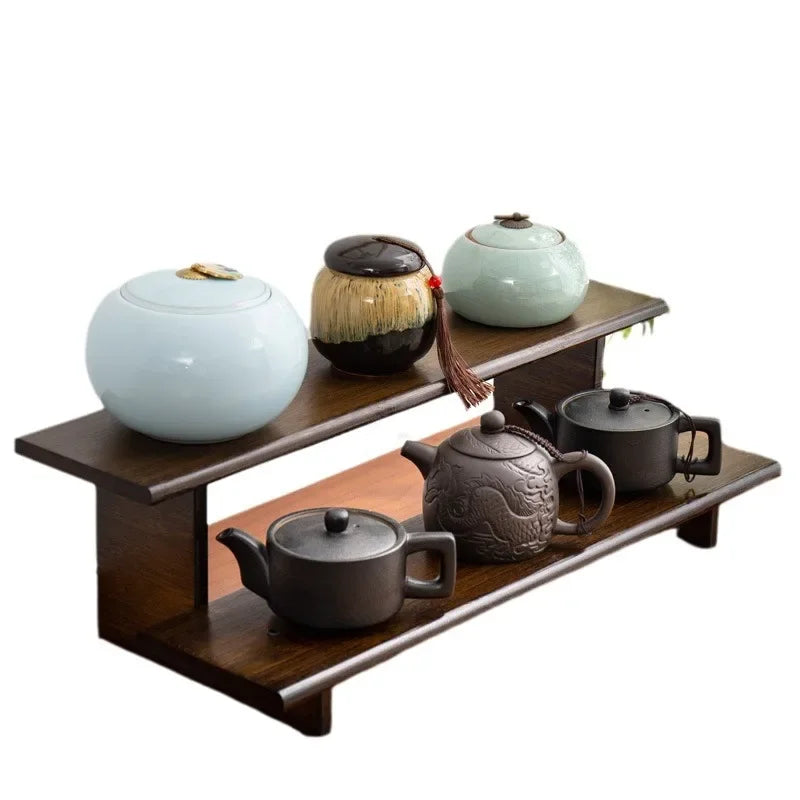 Desktop tea cup rack, small desktop bookcase, solid wood tea set, teapot, tea canister, stationery box, storage and shelving rac