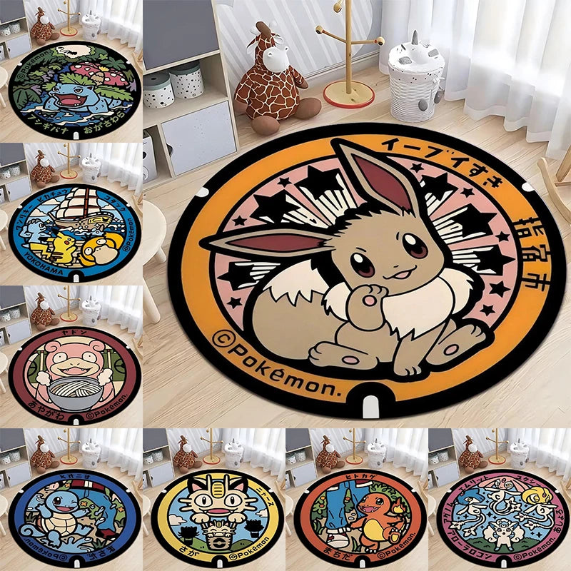 MINISO Japanese Anime Pokemon Round Rugs Non-Slip Floor Mat for Home Living Room Bedroom Circle Rug Washable Round Carpet Decor