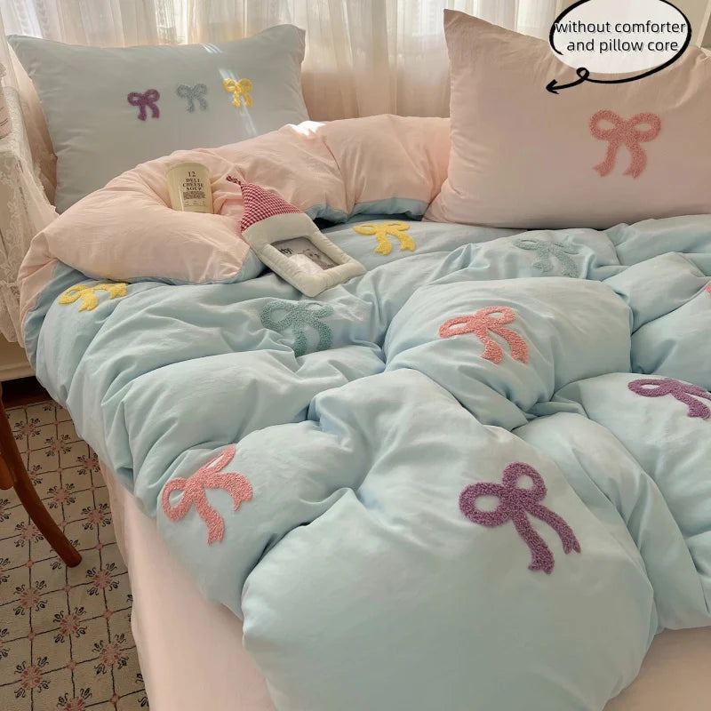 3 Piece Sheet Set Chut bowknot embroidery duvet cover Set ， comfortable Bedding Set Bedspread for All Season
