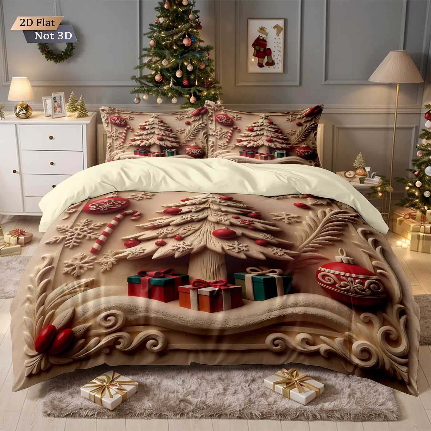 3pcs Merry Christmas Christmas House Print Coreless Down comforter Set Comfortable Bedroom Dormitory Bedding Holiday Decoration