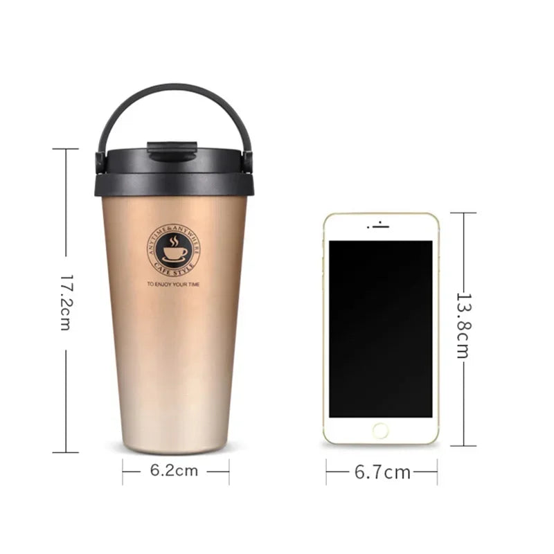 Insulated Travel Coffee Cup Double Wall Leak-Proof Thermos Mug Vacuum Stainless Steel Tea Tumbler with Lid and Handle