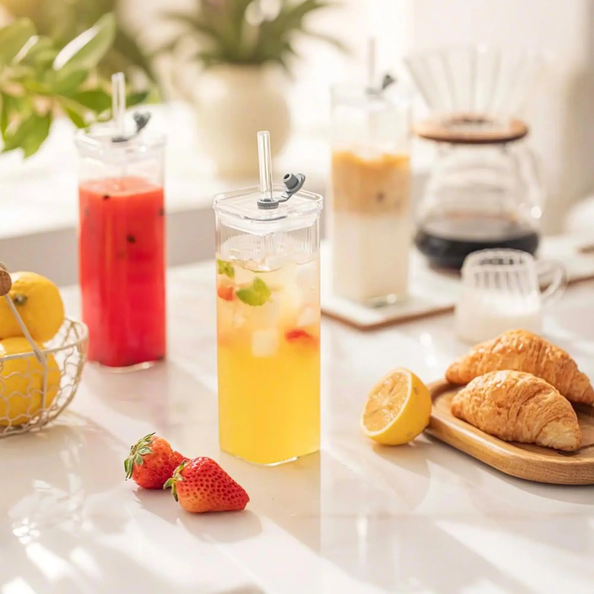 Square Glass Cups with Lids and Straws, Water Glasses Coffee Mug,Lids/Straws Included for Cocktail, Coffee, Juice, Beer