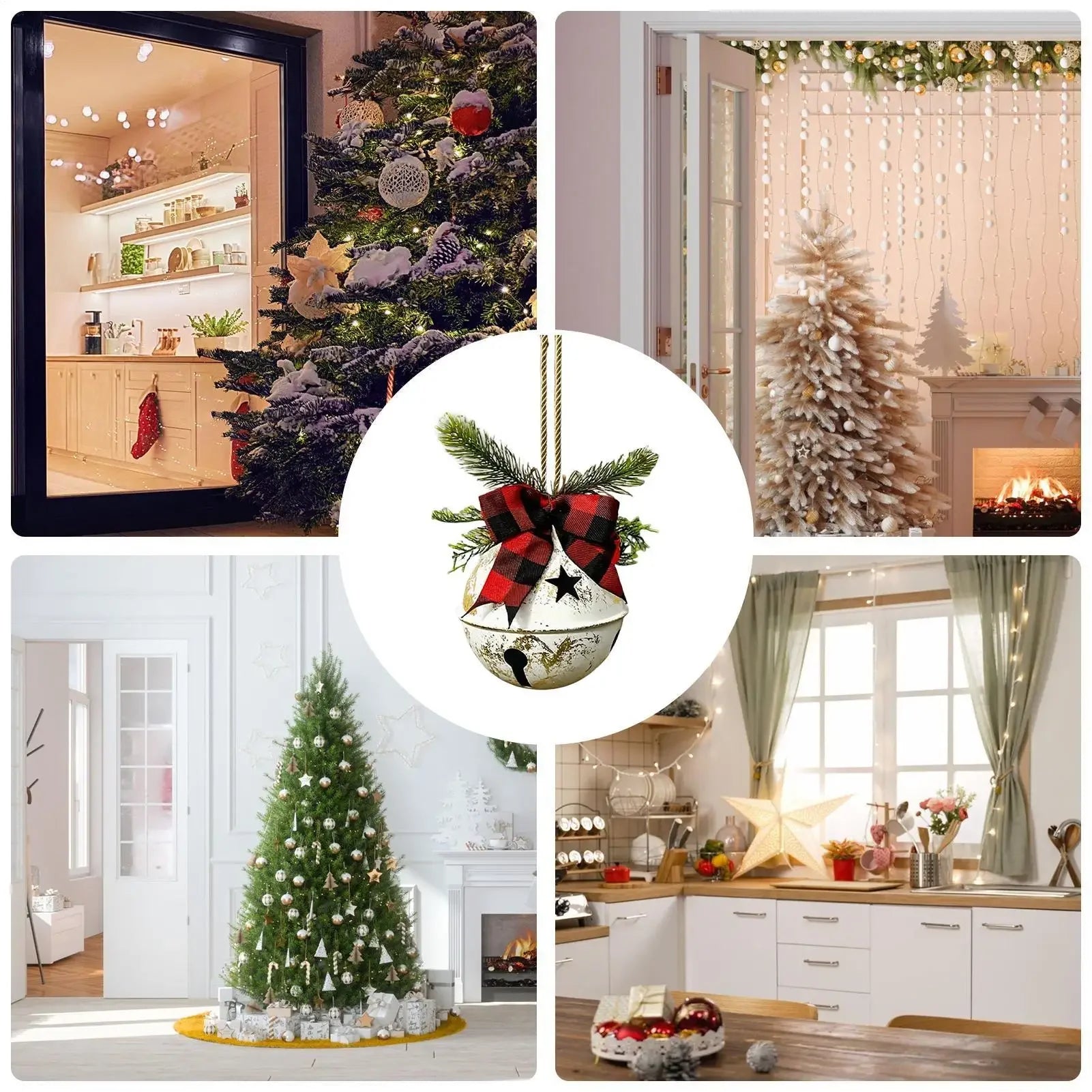 Giant Christmas bell ornaments with ribbons, Christmas tree hanging bell balls, for festive winter farm style decoration.