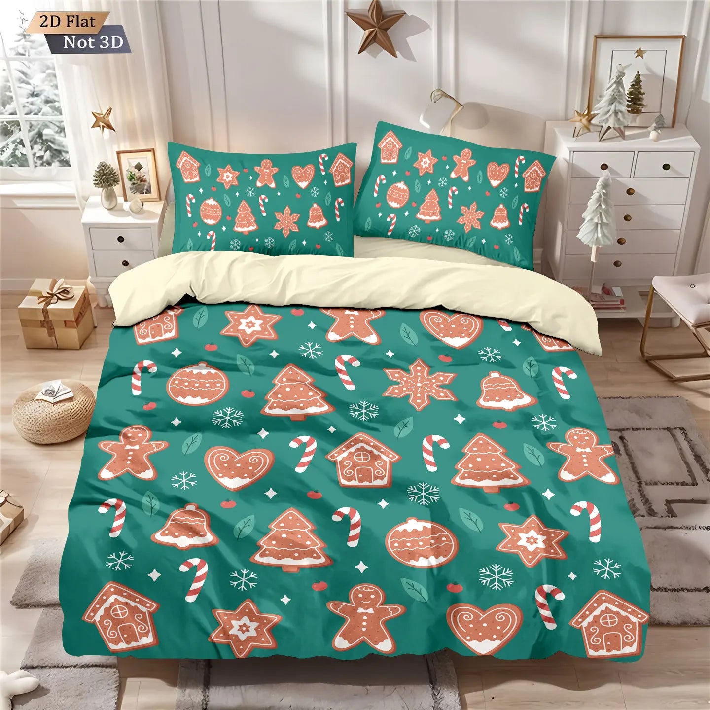 3pcs Merry Christmas Green Printed Chipless Quilt Set, Multi Size Soft Dormitory Bedding, Holiday Decoration Machine Washable