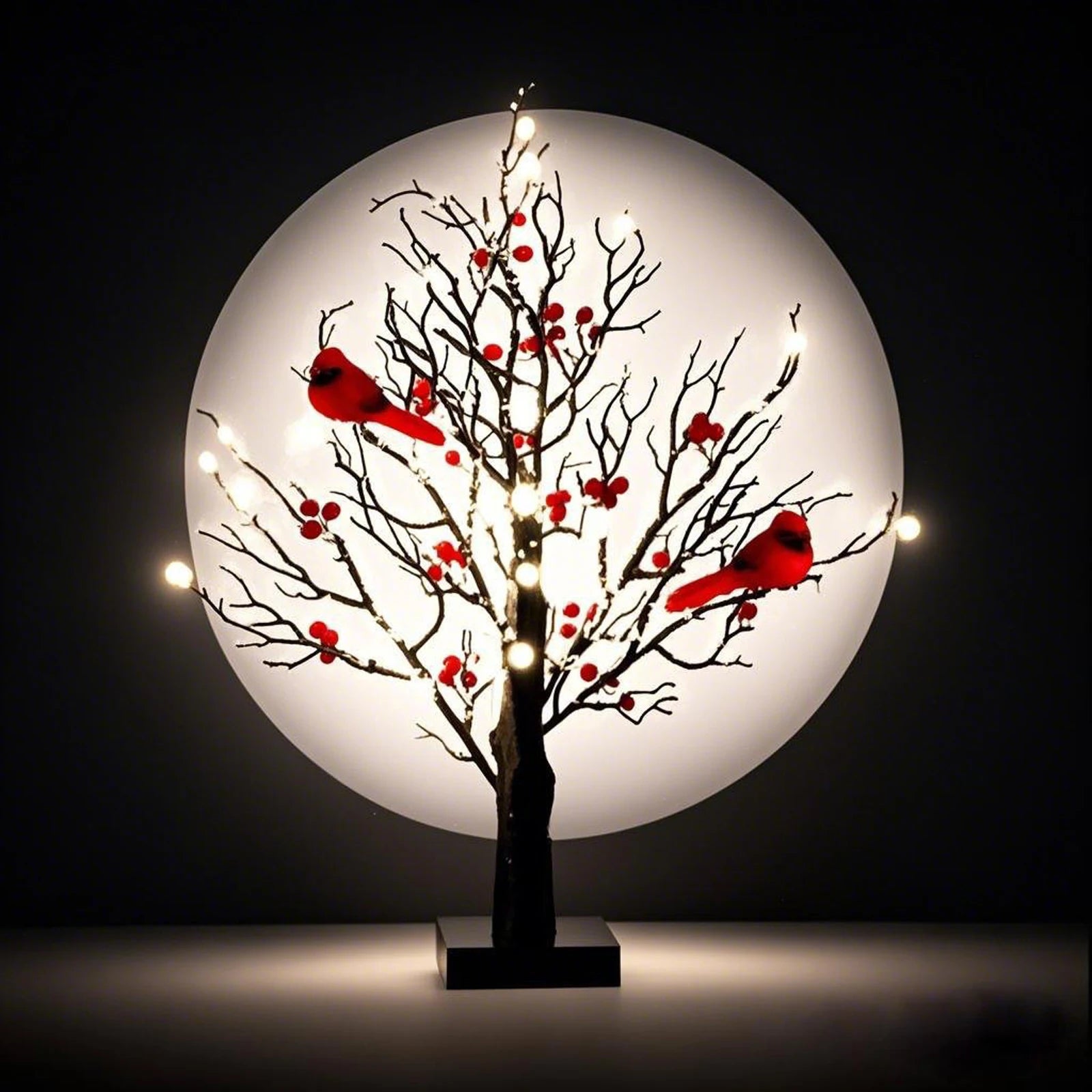 Vintage Glowing Tree with Cardinals Red Bird