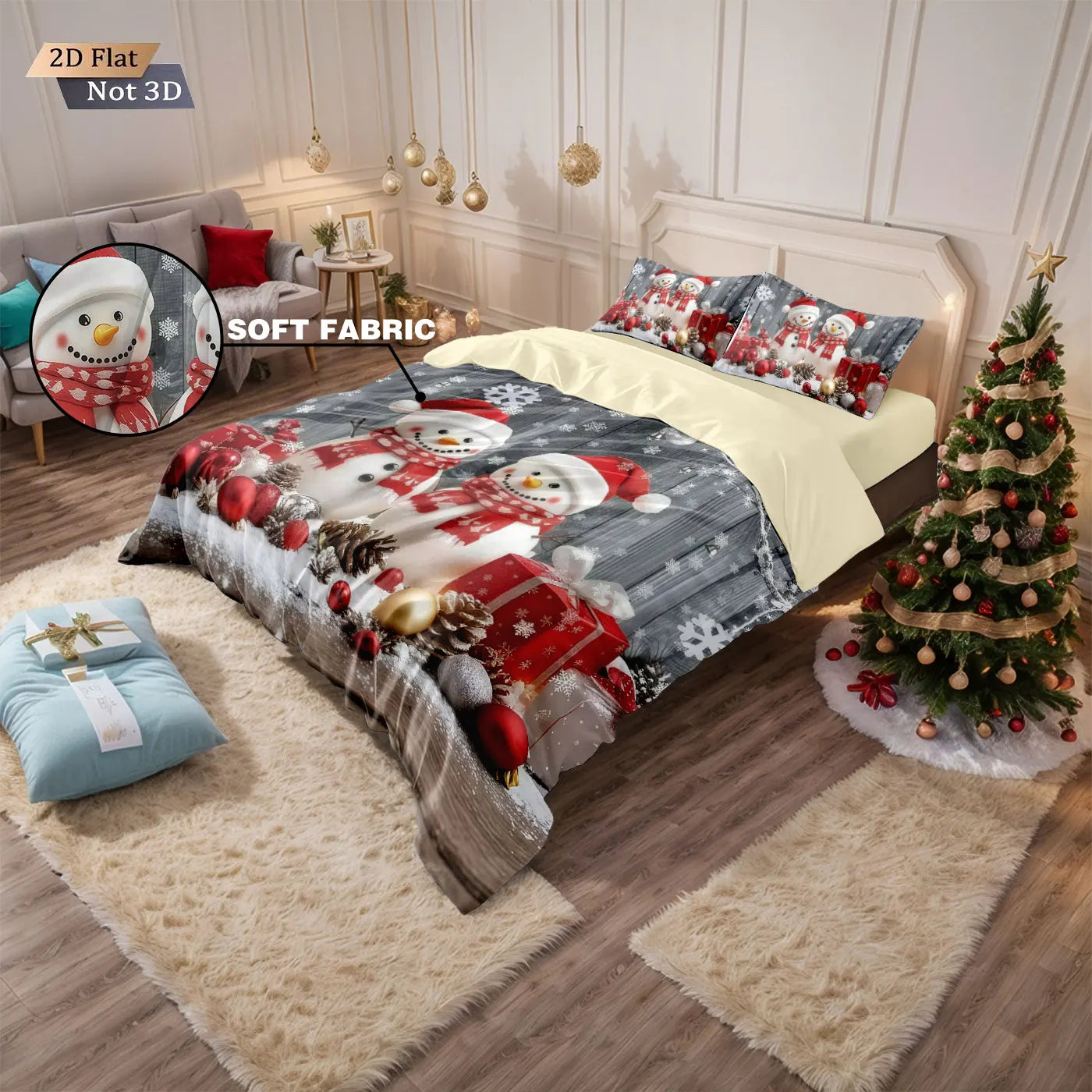 3pcs Merry Christmas snowman print coreless down comforter set multi size bedroom bedding holiday decoration machine washable