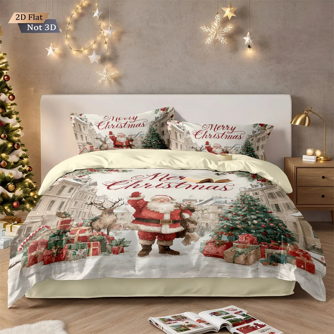 3pcs Merry Christmas, Santa Claus print, coreless down comforter set multi size bedroom bedding decoration  machine washable