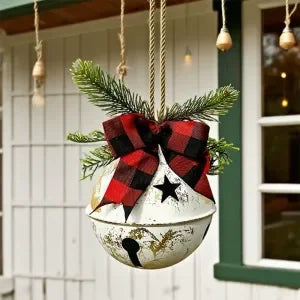 Giant Christmas bell ornaments with ribbons, Christmas tree hanging bell balls, for festive winter farm style decoration.