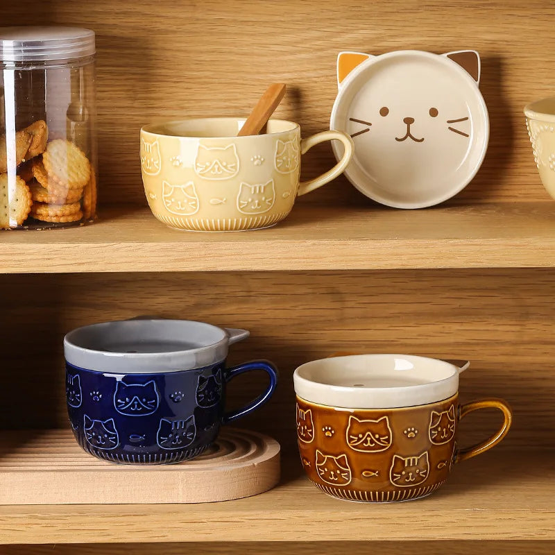 Japanese Cartoon Cat With Cover Coffee Cup Cute Breakfast Cup Creative Coffee Cup Milk Cup Couple Water Cup With Lid