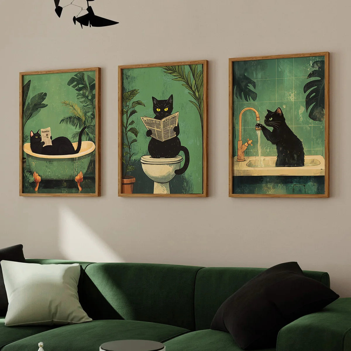 Set of 3 Funny Black Cat Bathroom Wall Art Prints