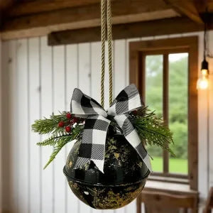 Giant Christmas bell ornaments with ribbons, Christmas tree hanging bell balls, for festive winter farm style decoration.