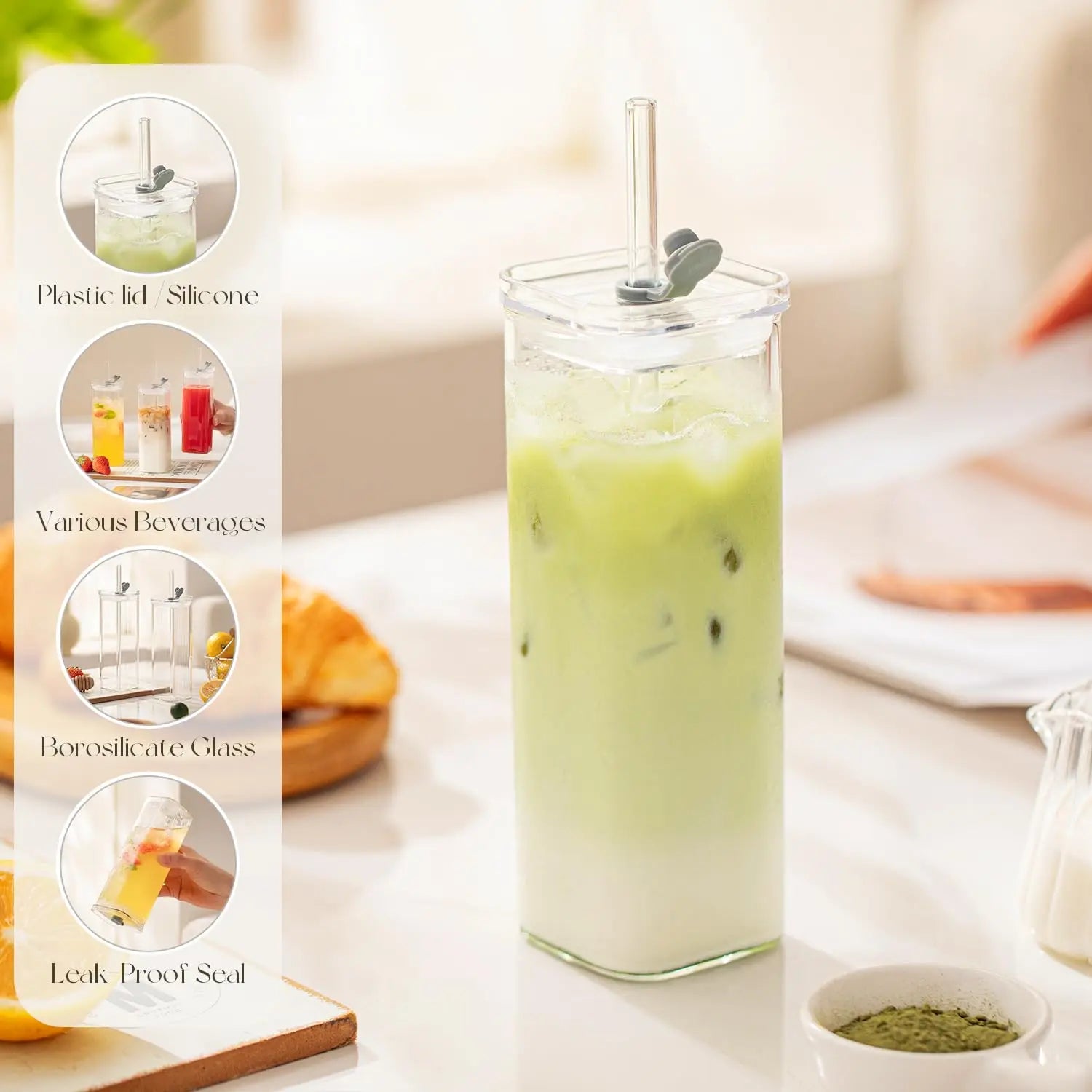 Square Glass Cups with Lids and Straws, Water Glasses Coffee Mug,Lids/Straws Included for Cocktail, Coffee, Juice, Beer
