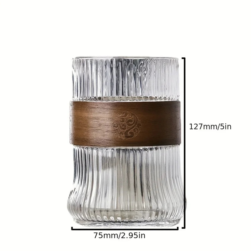 400ML Glass Water Cup with Walnut Cup Sleeve Coffee Milk Tea Cup Simple Striped Beer Mug Drinkware Coffeeware
