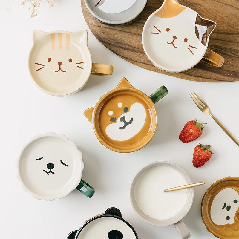 Japanese Cartoon Cat With Cover Coffee Cup Cute Breakfast Cup Creative Coffee Cup Milk Cup Couple Water Cup With Lid