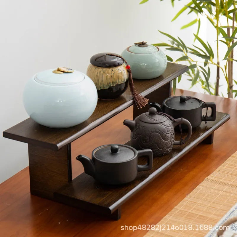 Desktop tea cup rack, small desktop bookcase, solid wood tea set, teapot, tea canister, stationery box, storage and shelving rac