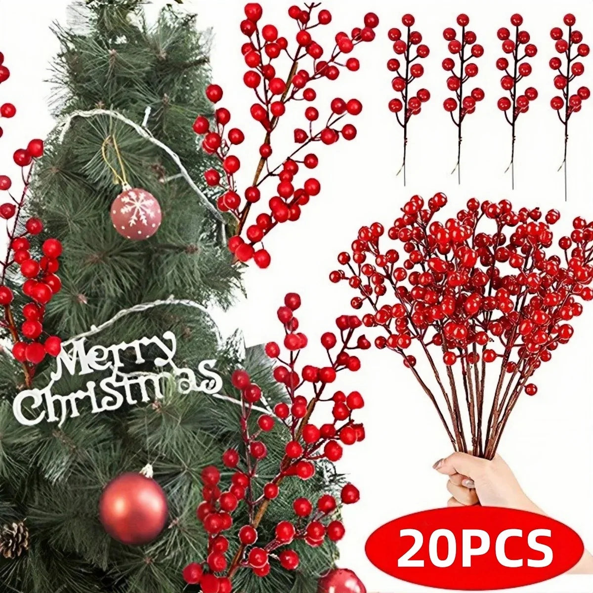 5/10/20Pcs Chritsmas Decoration Red Berry Branches Cherry Stamen For Home Decor Xmas New Year Gift Wedding Flowers Accessory
