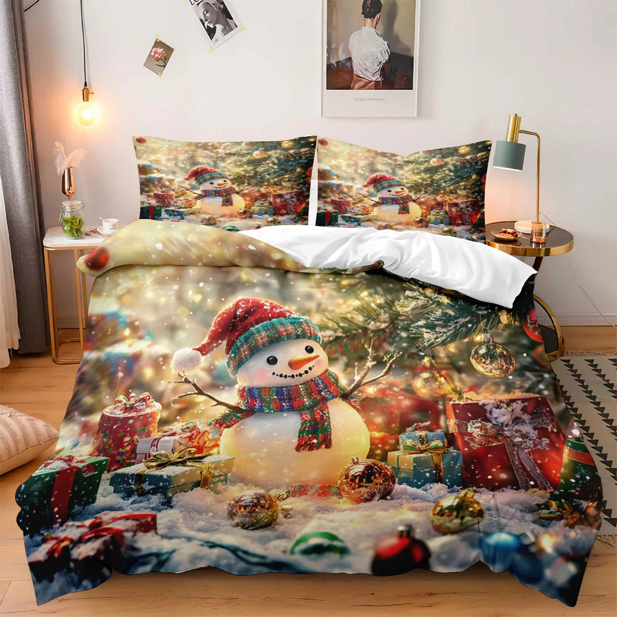 Christmas Snowman Comforter Set 3PCS, Christmas Tree and Gift Pattern Holiday Bedding Set, Soft Microfiber Winter Home Set