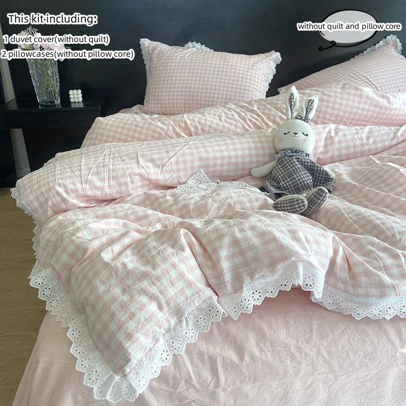 3pcs Black white plaid Duvet cover set (1*Duvet Cover + 2*Pillowcase, Without Core), lace Bedding Set, Soft Comfortable
