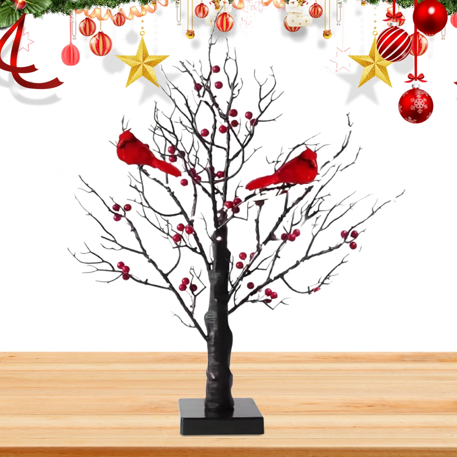 Vintage Glowing Tree with Cardinals Red Bird