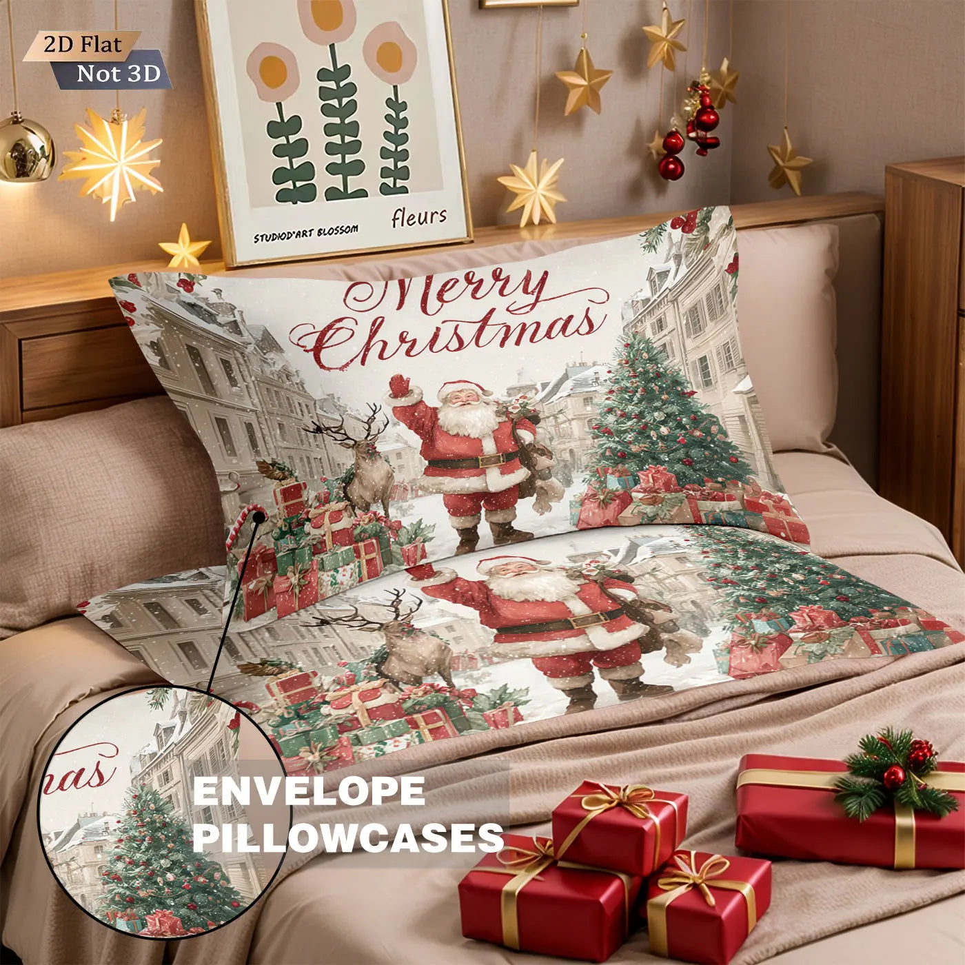 3pcs Merry Christmas, Santa Claus print, coreless down comforter set multi size bedroom bedding decoration  machine washable