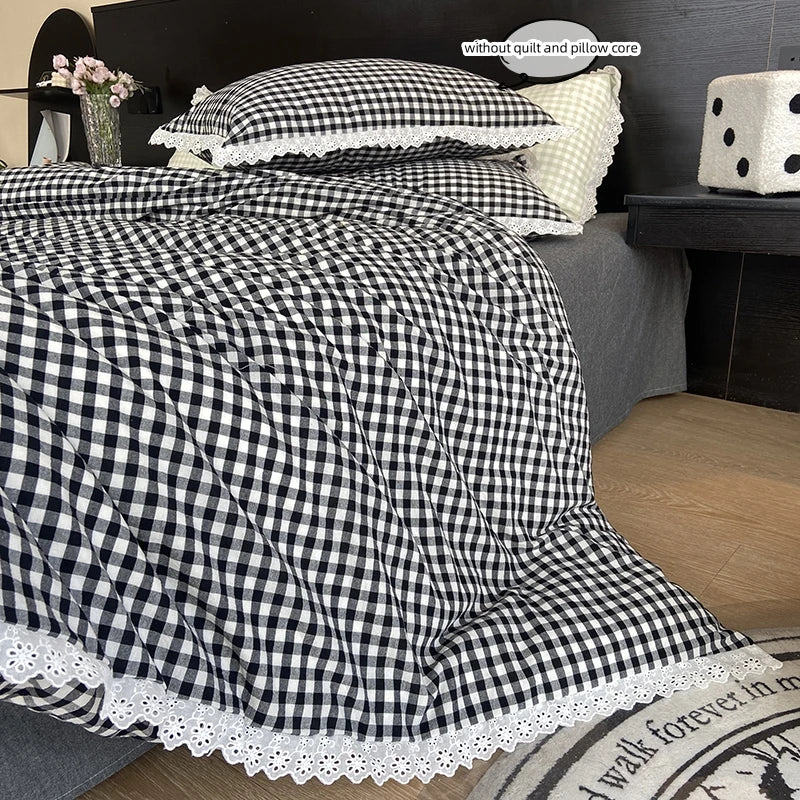 3pcs Black white plaid Duvet cover set (1*Duvet Cover + 2*Pillowcase, Without Core), lace Bedding Set, Soft Comfortable