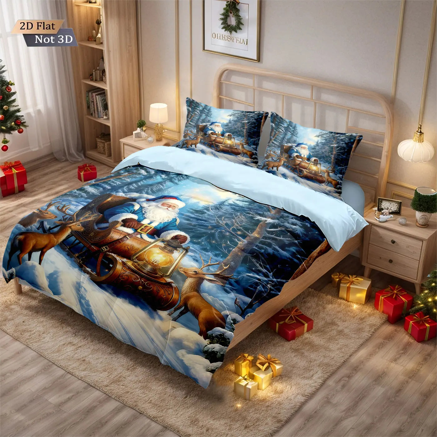 3pcs Forest Christmas Sled Santa Claus Printed Chipless Bedding Set Multi Size Bedroom Bedding Decoration Soft and Comfortable