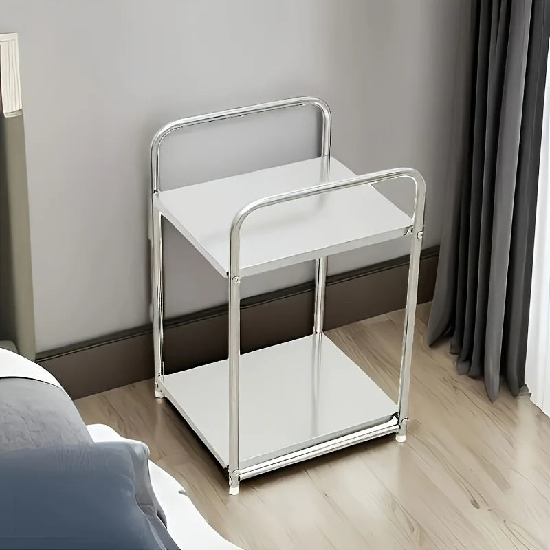 Modern 2-Tier Metal Storage Rack - Versatile Side Table & Bedside Organizer, Contemporary Display Stand for Home Decor