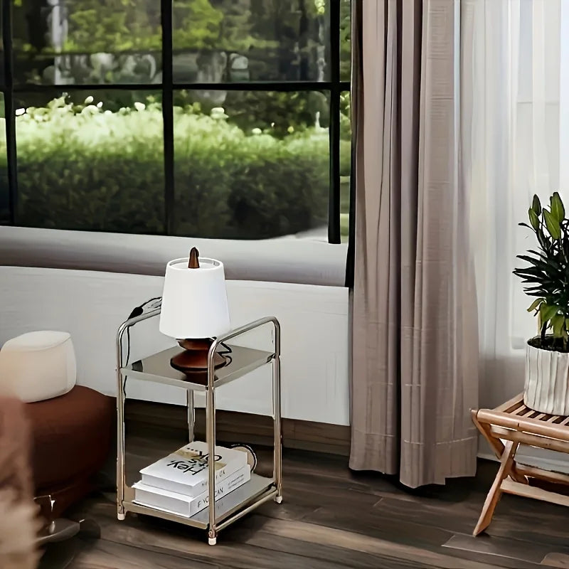 Modern 2-Tier Metal Storage Rack - Versatile Side Table & Bedside Organizer, Contemporary Display Stand for Home Decor