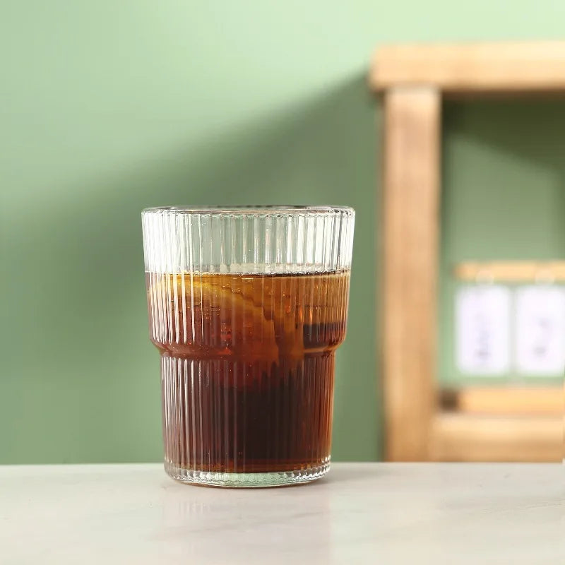 Transparent Glass Cup High Aesthetic Value Vertical Stripes Bamboo Joints Coffee Cup with Lid and Straw Home Portable Water Cup