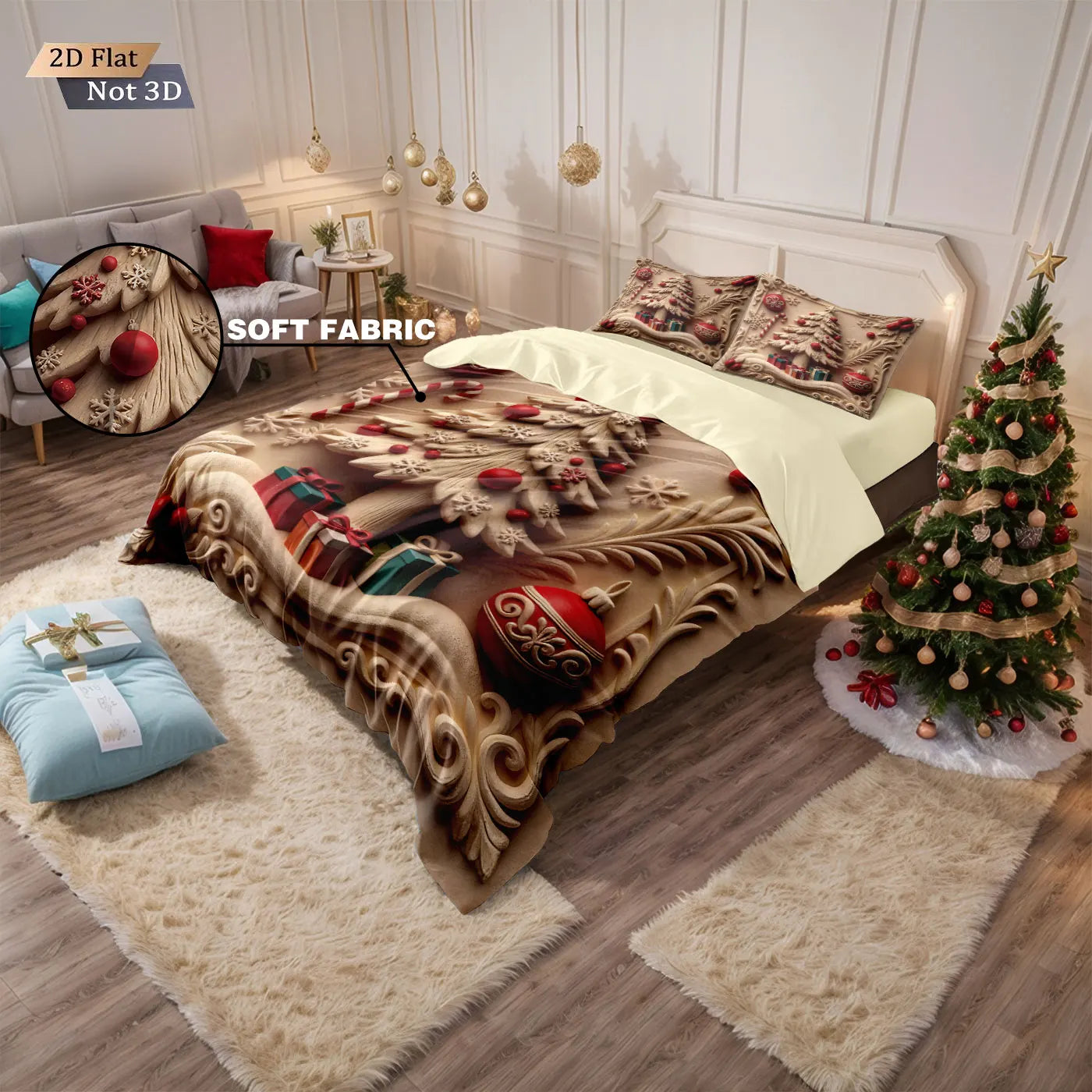 3pcs Merry Christmas Christmas House Print Coreless Down comforter Set Comfortable Bedroom Dormitory Bedding Holiday Decoration