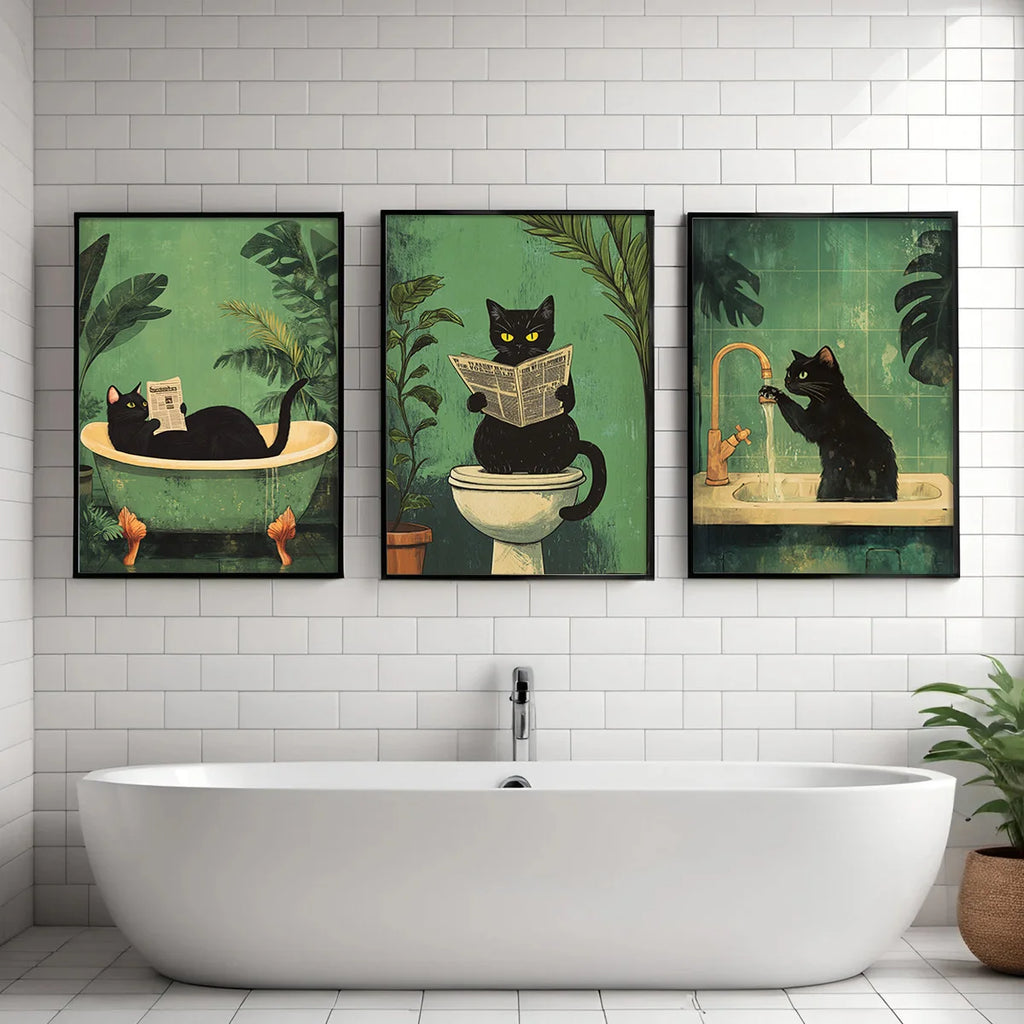 Set of 3 Funny Black Cat Bathroom Wall Art Prints
