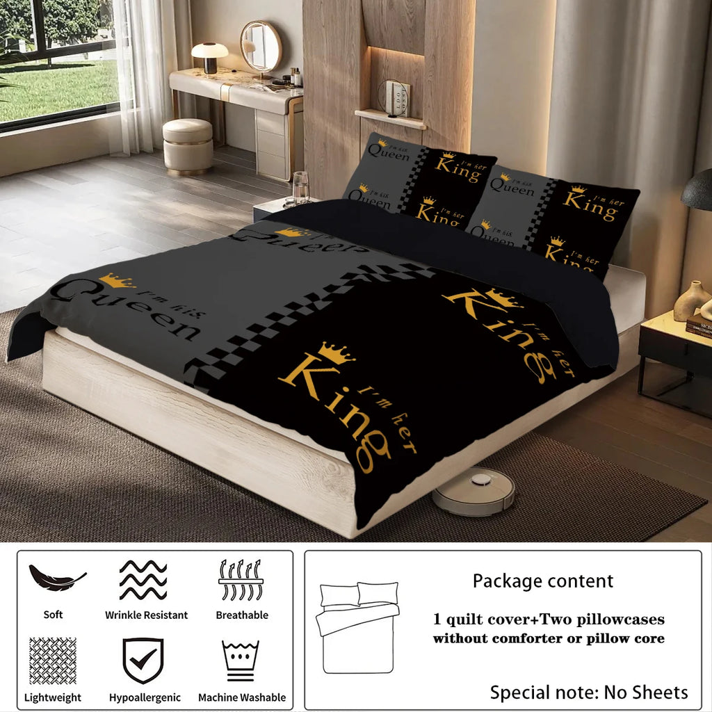 3pcs fashionable black gray crown design printed bedding set, soft, comfortable and breathable down duvet cover, bedroom, hotel