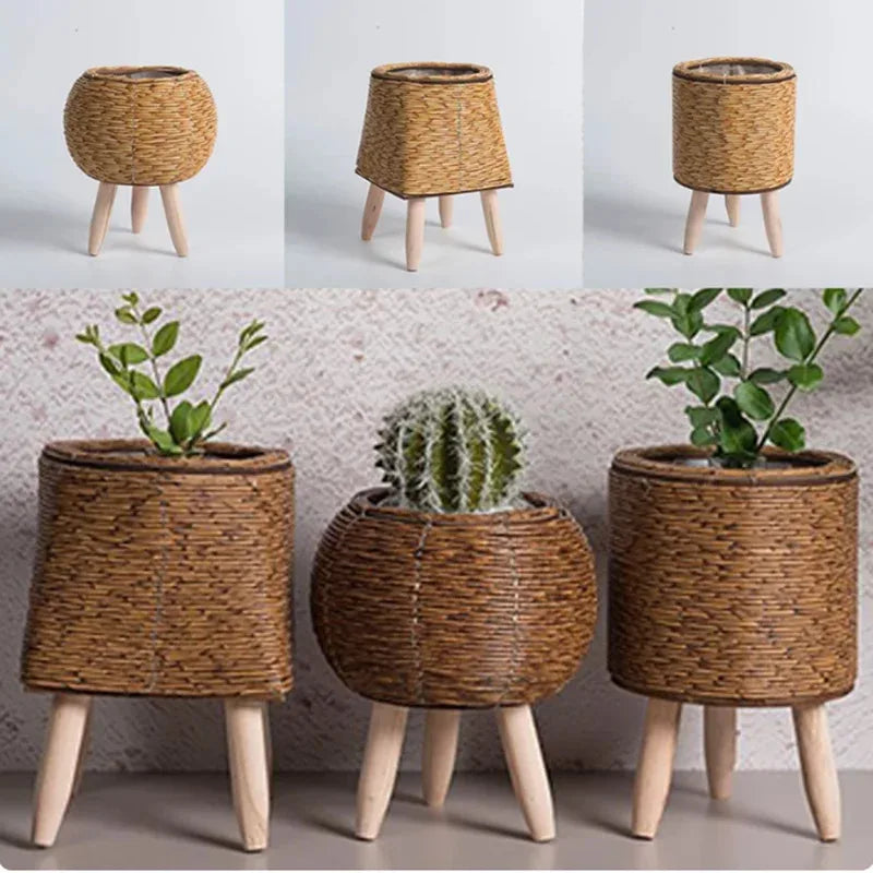 Fashion Rattan Woven Flower Pot Creative Flower Planters With Removable Legs Durable Hand Wove Plant Stand