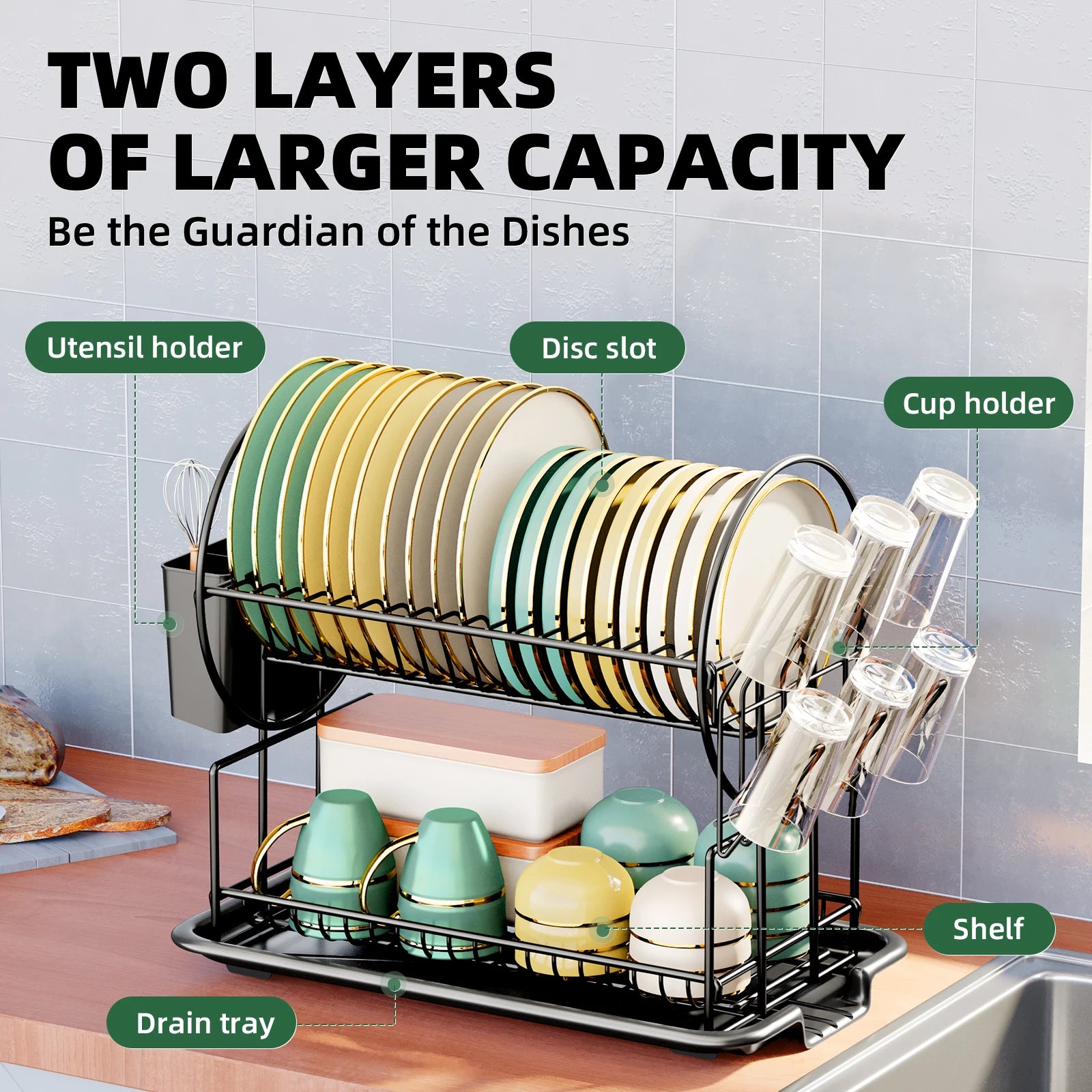 2-Tier Dish Drying Rack with Drain Board