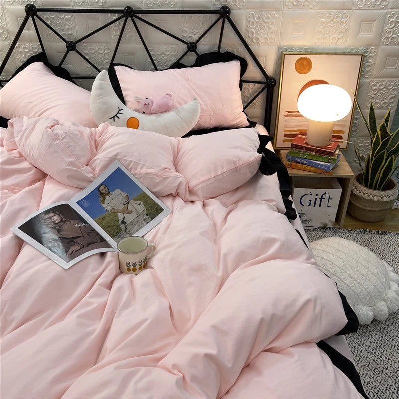 3pcs Pink Duvet Cover Set (1*Duvet Cover + 2*Pillowcase, Without Core), Lace embroidery Bedding Set
