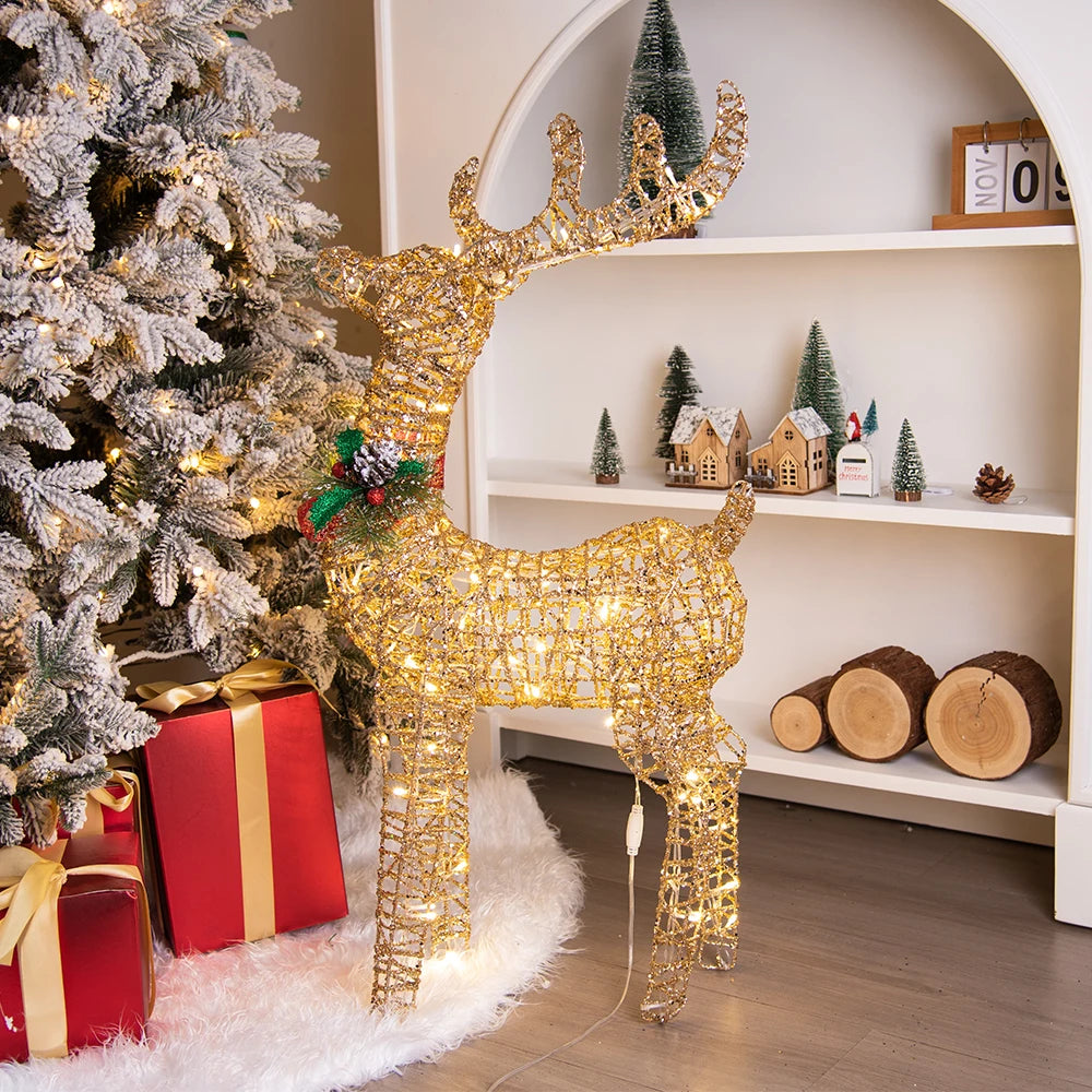 Christmas Iron Deer Ornaments Golden Reindeer Cart Elk Garden Decoration Christmas Tree Matching Scene Deer Light