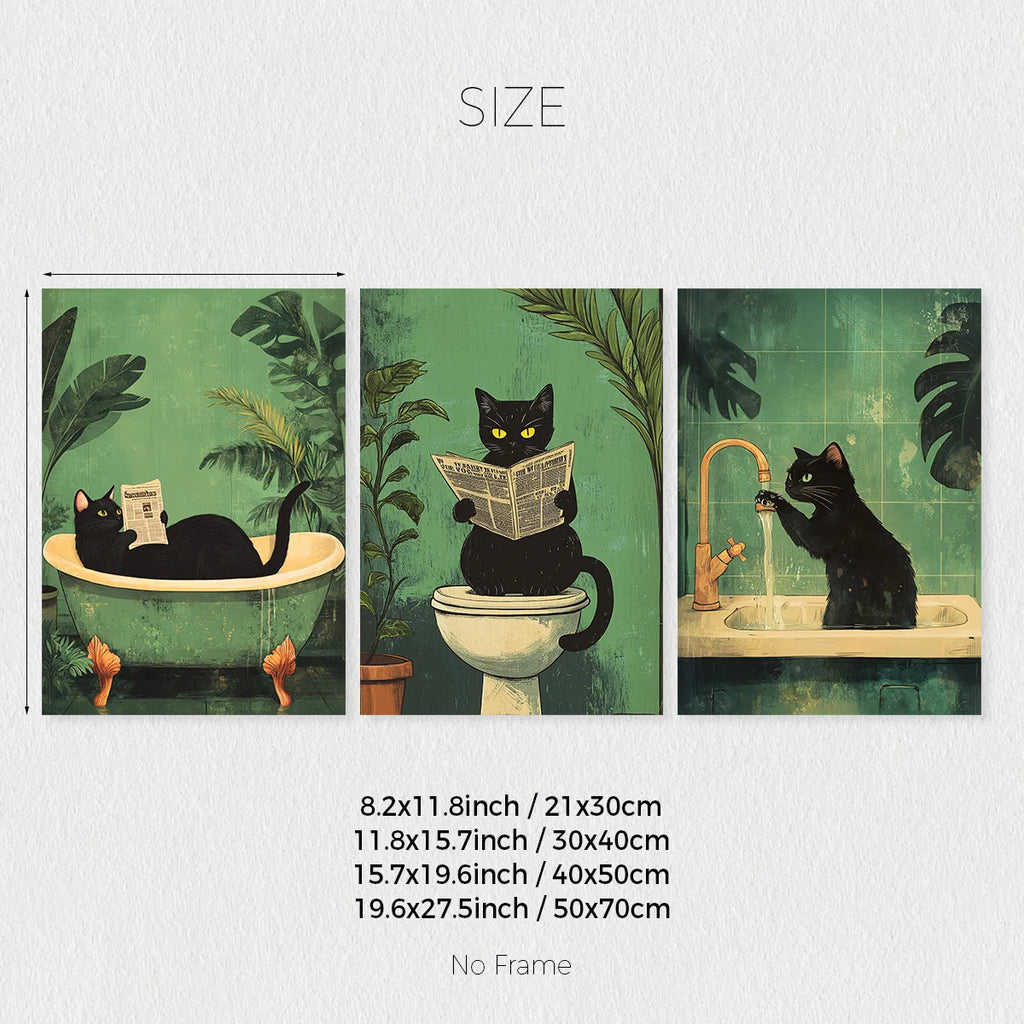 Set of 3 Funny Black Cat Bathroom Wall Art Prints
