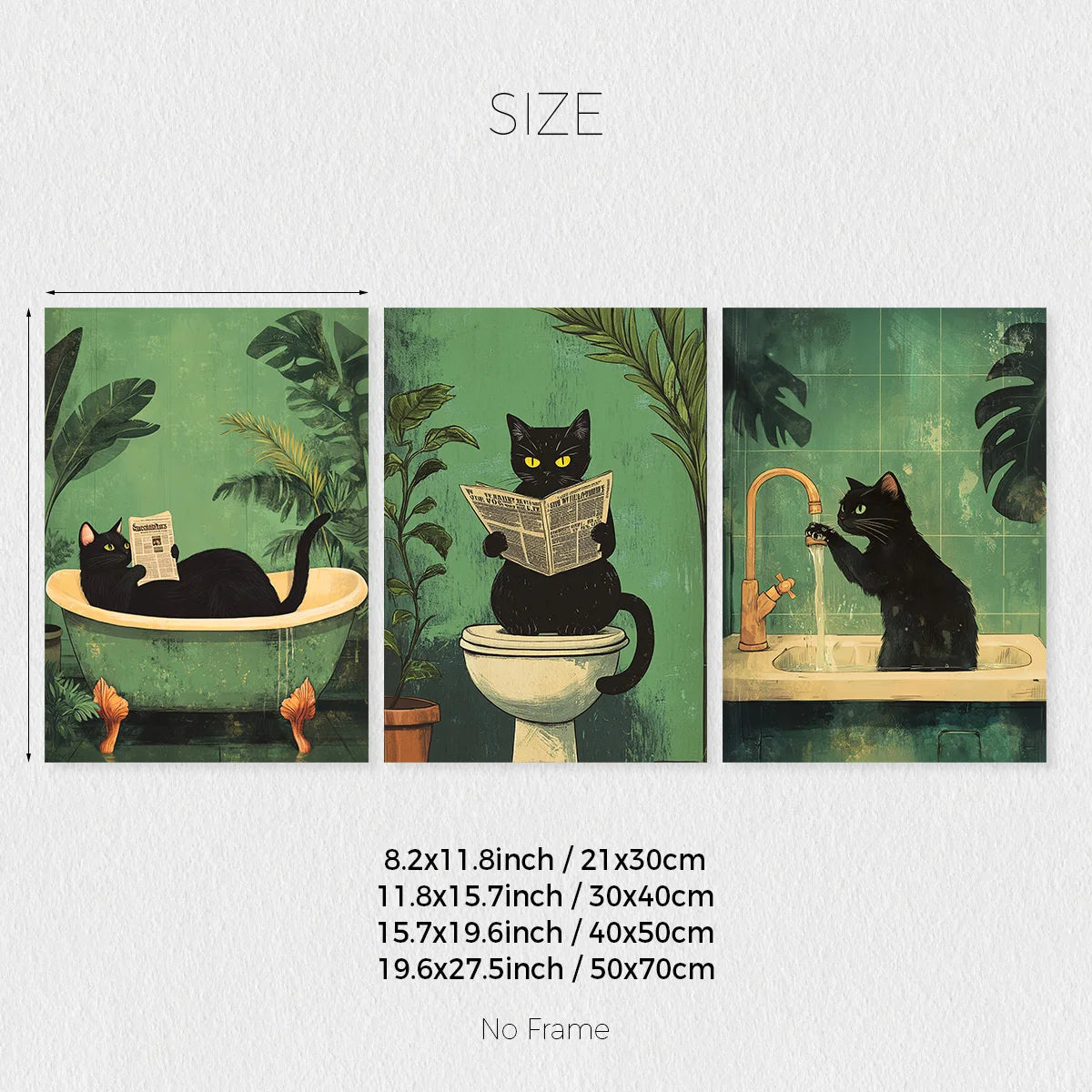 Set of 3 Funny Black Cat Bathroom Wall Art Prints