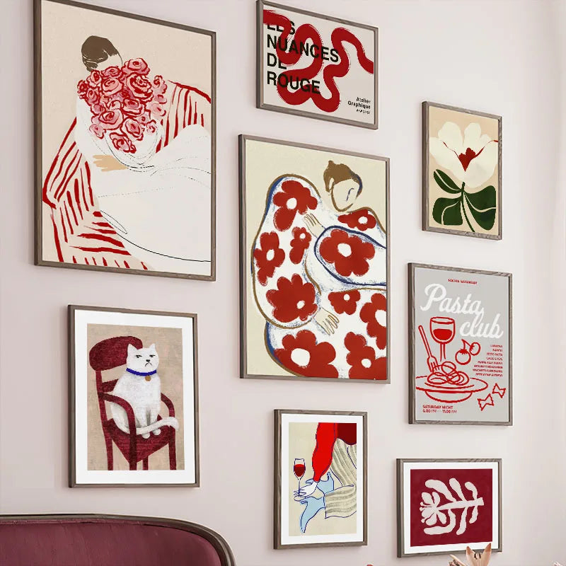 Red Striped Girl Flower Cat Coffee Abstract Posters And Prints Wall Art