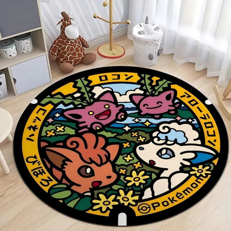 MINISO Japanese Anime Pokemon Round Rugs Non-Slip Floor Mat for Home Living Room Bedroom Circle Rug Washable Round Carpet Decor