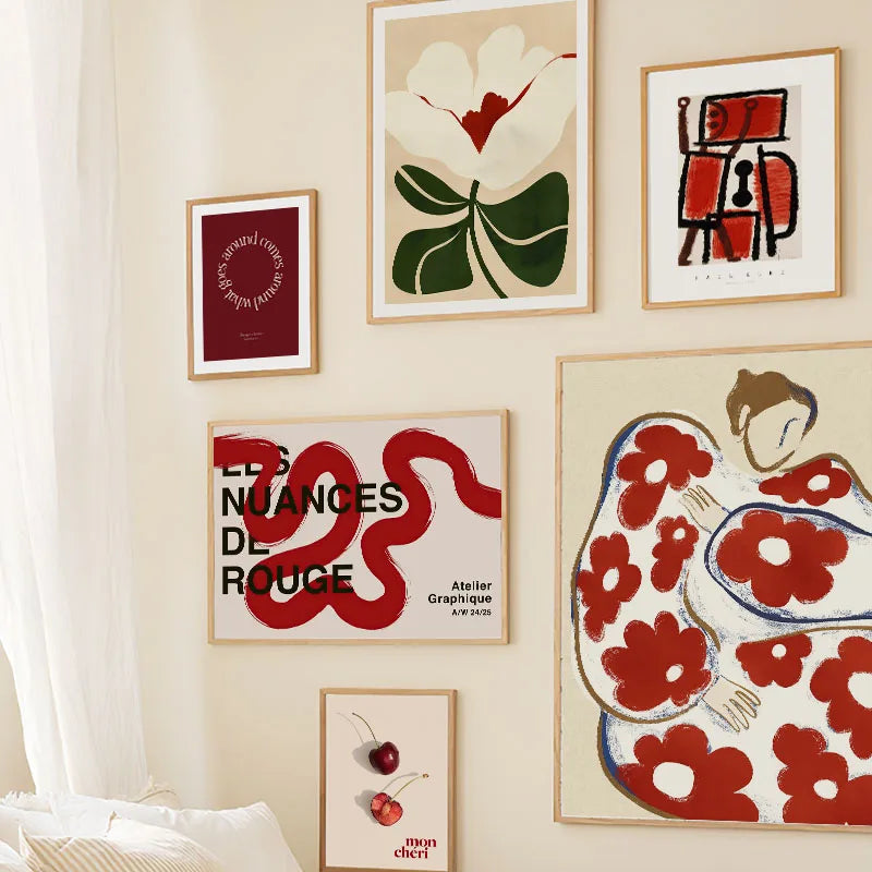 Red Striped Girl Flower Cat Coffee Abstract Posters And Prints Wall Art