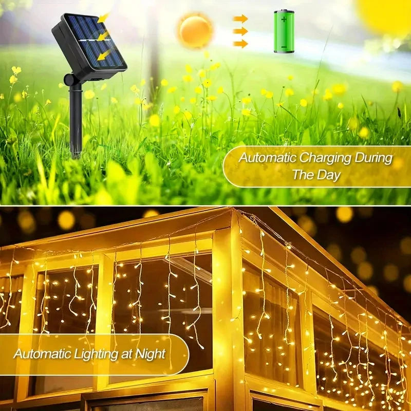 NEW Solar Christmas Icicle Lights 162/96 LED 8 Modes Waterproof Curtain String Lights for Outdoor Garden Room Holiday Lighting