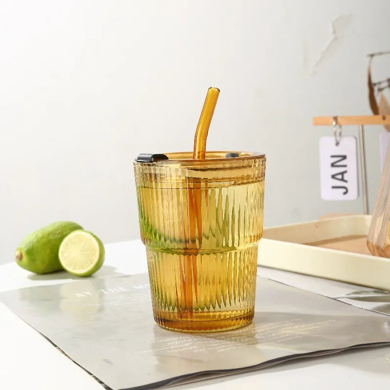 Transparent Glass Cup High Aesthetic Value Vertical Stripes Bamboo Joints Coffee Cup with Lid and Straw Home Portable Water Cup