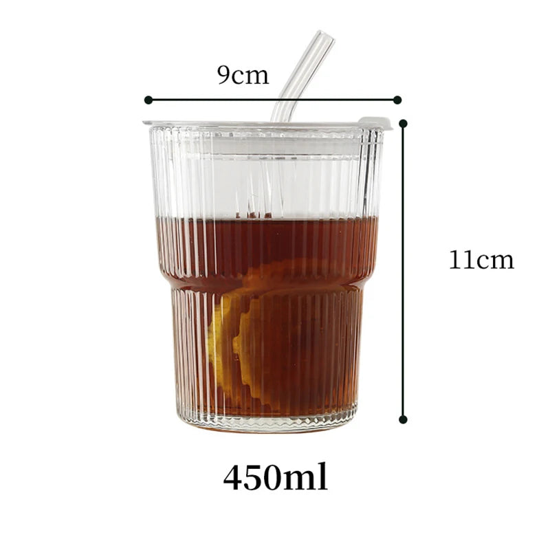 Transparent Glass Cup High Aesthetic Value Vertical Stripes Bamboo Joints Coffee Cup with Lid and Straw Home Portable Water Cup