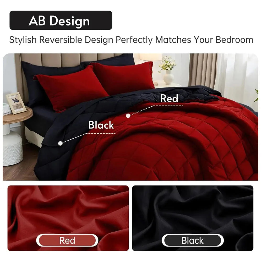 WQSPRING 3pcs Reversible Comforter Set All Season Bedding Set Comforter Pillow Shams Red Black Down Alternative Duvet Insert